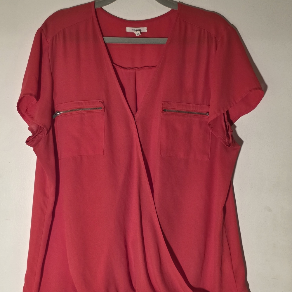 Maurices Coral Red Surplice Blouse with Zip Pocket Detail